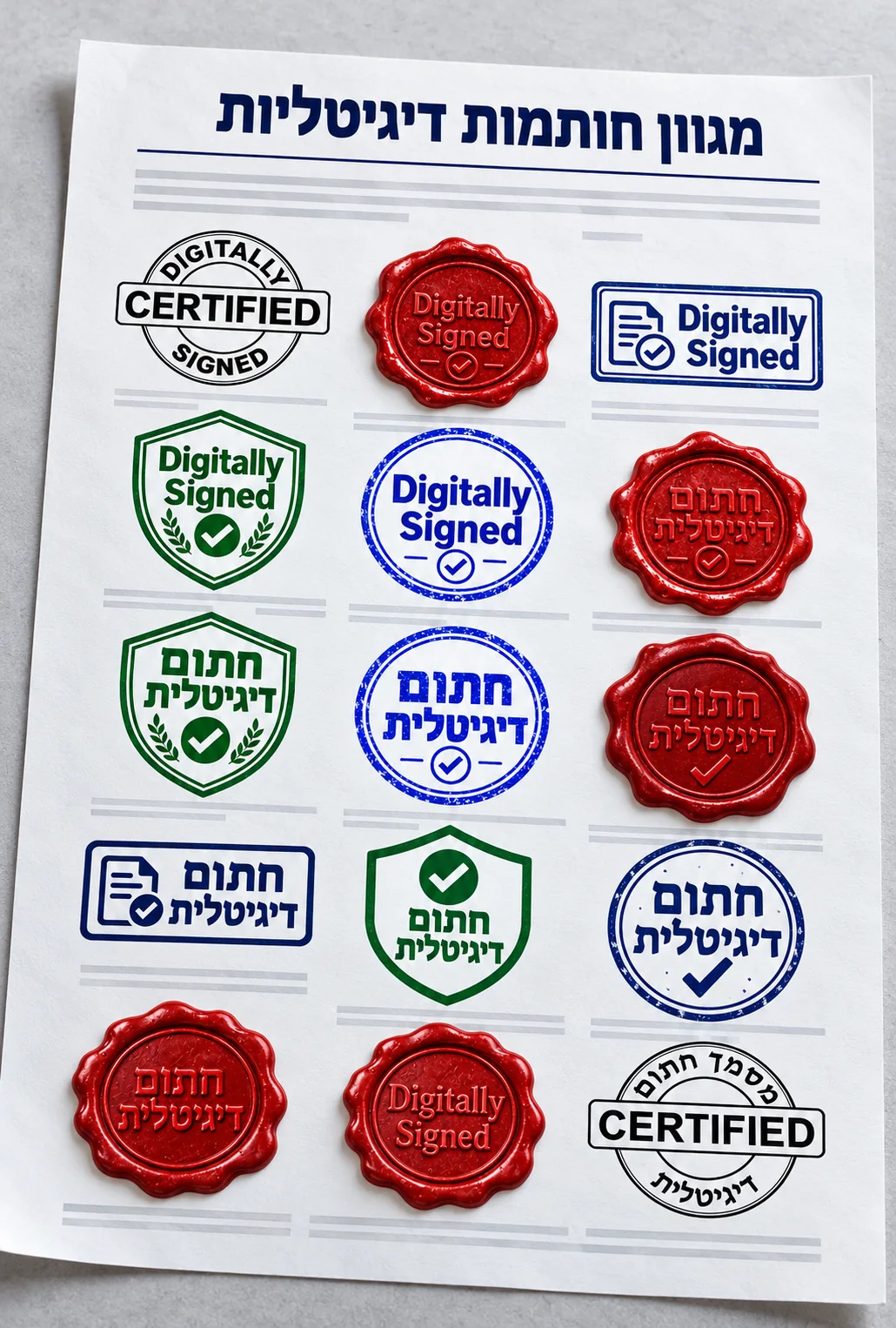 A sheet showing the 15 digital stamps included with the software: red wax seals, round blue ink stamps, green shields, blue rectangular labels and black CERTIFIED stamps, in Hebrew and English